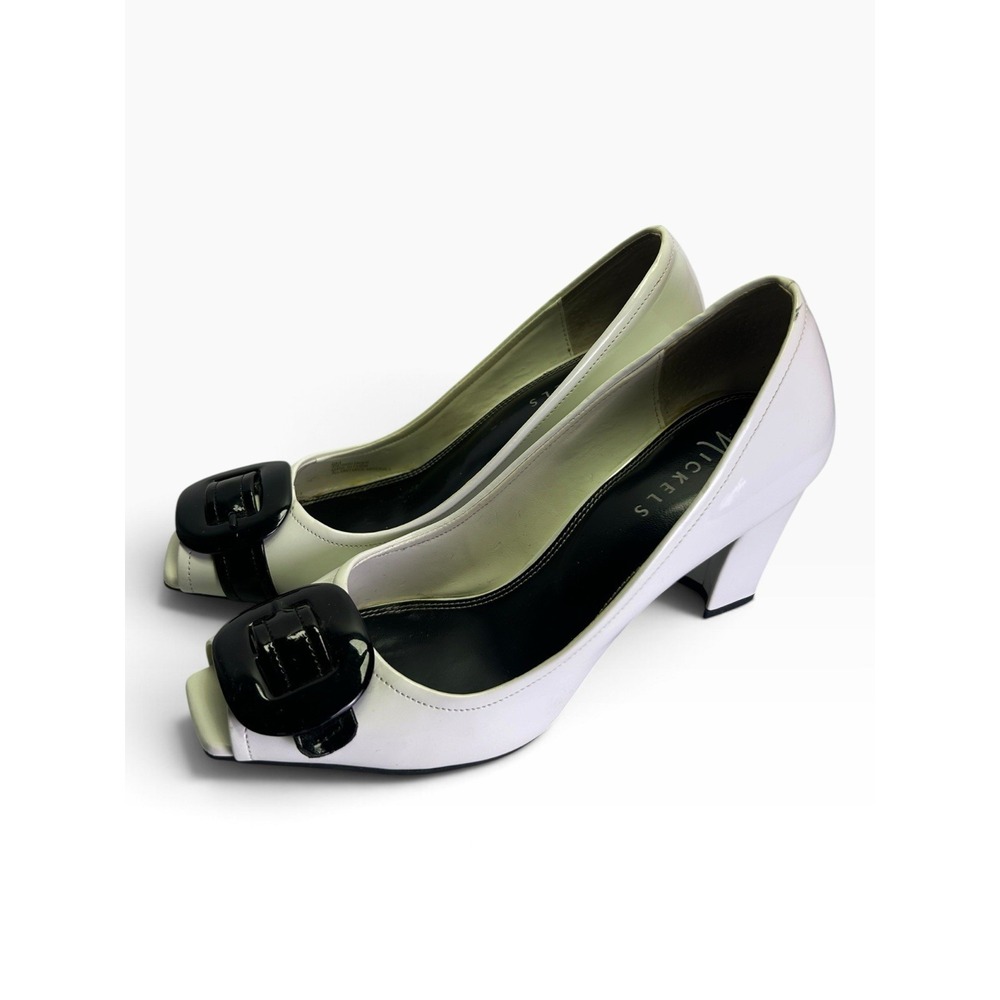Nickels Night Vintage White Patent Leather Peep Toe Buckle Pump Heels Size 9M